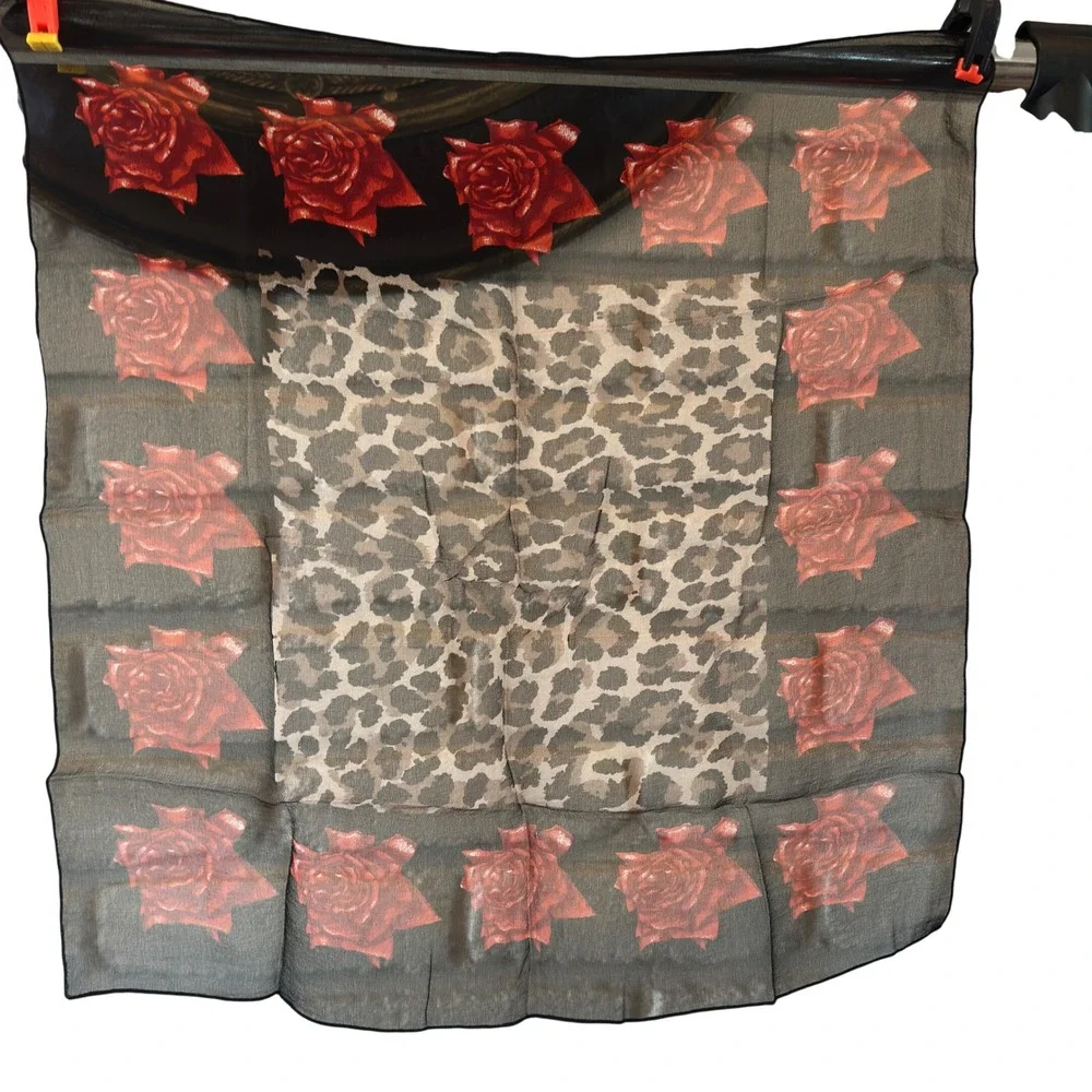 Leopard Print Rose Scarf Red Black Sheer Chiffon Square Neck Head Wrap 16.5